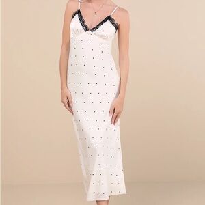 Lulus Polka Dot Satin Lace Slip Midi Dress